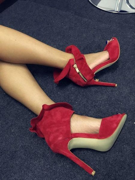red suede high heel sandal open toe cutouts woman ruffles decorations thin heels black sandals
red suede high heel sandal open toe cutouts woman ruffles decorations thin heels black sandals