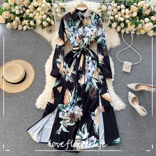 korean turndown-collar lace up a-line dresses spring bohemian split vacation long dress women retro print maxi dress 210521, Black;gray 
korean turndown-collar lace up a-line dresses spring bohemian split vacation long dress women retro print maxi dress 210521, Black;gray