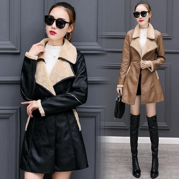 women's leather & faux fashion winter jacket women fleece lapel collar slim fit coats female warm patchwork outerwear, Black
women's leather & faux fashion winter jacket women fleece lapel collar slim fit coats female warm patchwork outerwear, Black