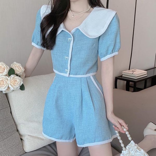 women's tracksuits summer 2021 causal contrast blouse vintage bubble sleeve crop high waist wide leg shorts two piece sets womens outf, Gray
women's tracksuits summer 2021 causal contrast blouse vintage bubble sleeve crop high waist wide leg shorts two piece sets womens outf, Gray