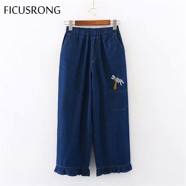women spring straight cartoon embroidery jeans lady loose casual elastic waist calf-length denim pant women's, Blue
women spring straight cartoon embroidery jeans lady loose casual elastic waist calf-length denim pant women's, Blue