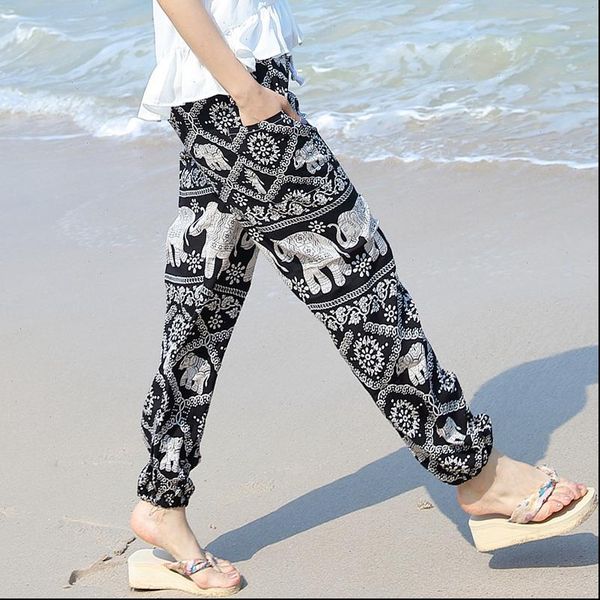 women capris summer selling boho printed cotton trousers loose pants elephant printing elastic hem waist with pockets, Black;white
women capris summer selling boho printed cotton trousers loose pants elephant printing elastic hem waist with pockets, Black;white