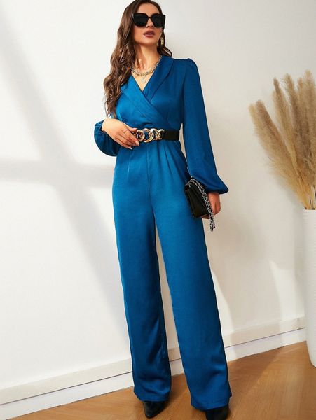 satin shawl collar bishop sleeve shirt jumpsuit without belt i3ey#, White 
satin shawl collar bishop sleeve shirt jumpsuit without belt i3ey#, White