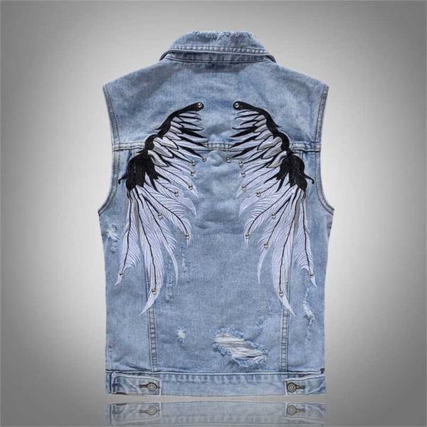 men's ripped denim vests with wings embroidery hi street distressed denim sleeveless jacket waistcoat plus size m-5xl 211104, Black;white
men's ripped denim vests with wings embroidery hi street distressed denim sleeveless jacket waistcoat plus size m-5xl 211104, Black;white