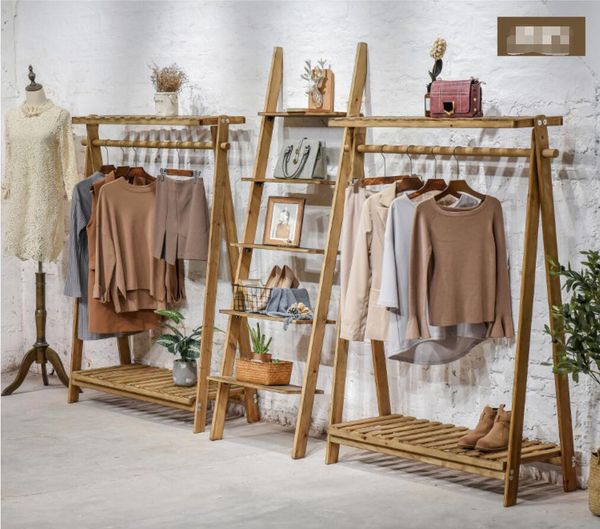 

Vintage clothing store display rack Commercial Furniture wooden solid wood clothes racks children's cloth landing middle island shelf hanging pole