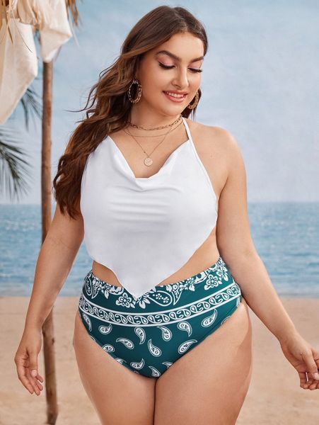 plus paisley print hanky hem halter bikini swimsuit q2m4#, Black