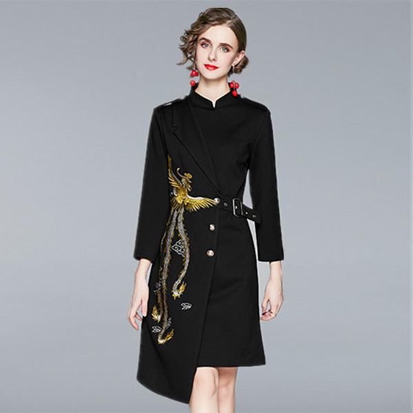 casual dresses fashion designer dress spring autumn women's stand collar embroidery elegant emperament slim asymmetrical vestido, Black;gray 
casual dresses fashion designer dress spring autumn women's stand collar embroidery elegant emperament slim asymmetrical vestido, Black;gray