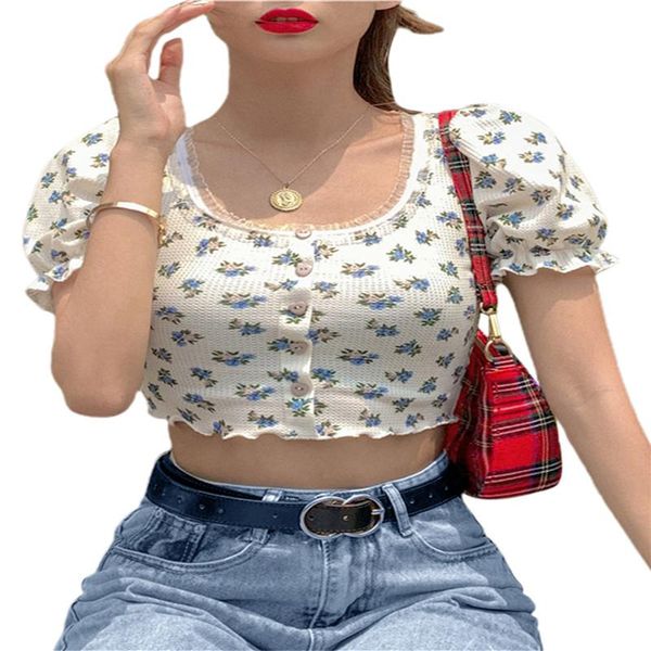 summer women fashion bubble sleeve floral print crop short slim buttons round neck t-shirt for women's, White
summer women fashion bubble sleeve floral print crop short slim buttons round neck t-shirt for women's, White