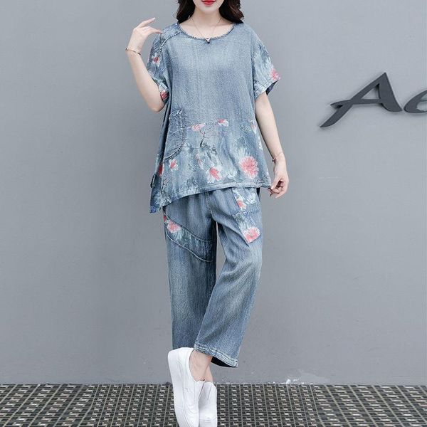summer women's fashion print retro 2-piece suit loose plus size jeans t-shirt trousers two piece pants, White
summer women's fashion print retro 2-piece suit loose plus size jeans t-shirt trousers two piece pants, White