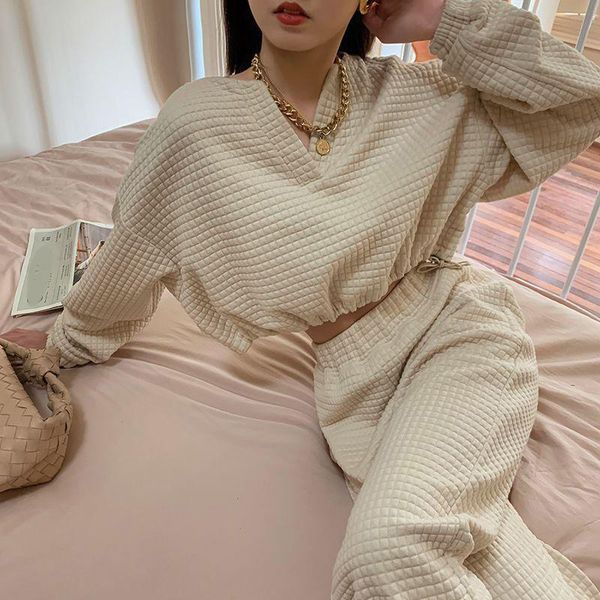 women's two piece pants plaid chic v-neck pullover tracksuit casual loose crop and elastic high waist trousers autumn women sets, White
women's two piece pants plaid chic v-neck pullover tracksuit casual loose crop and elastic high waist trousers autumn women sets, White