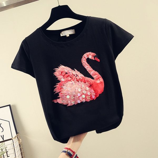 tee beaded sequined swan women pure cotton short-sleeved t-shirt summer simple shirt fashion, White
tee beaded sequined swan women pure cotton short-sleeved t-shirt summer simple shirt fashion, White