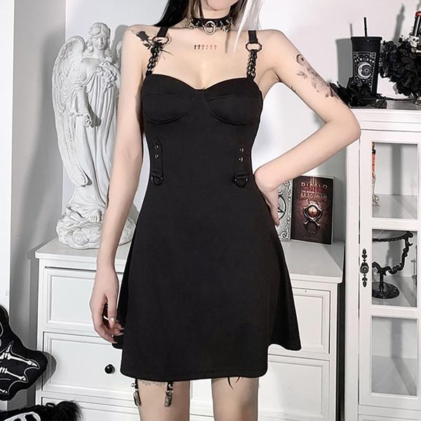 casual dresses women's gothic style dark black solid color stitching chain suspender dress, Black;gray
casual dresses women's gothic style dark black solid color stitching chain suspender dress, Black;gray