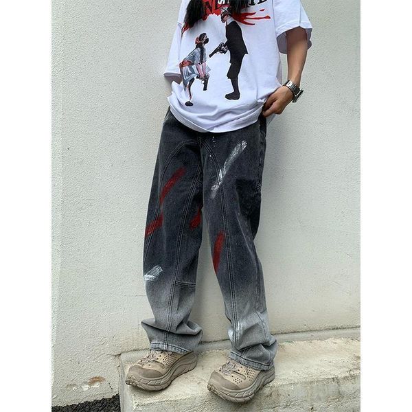 men's jeans embroidery inkjet couple pants autumn 2021 european american high street hip hop style loose straight casual trousers, Blue 
men's jeans embroidery inkjet couple pants autumn 2021 european american high street hip hop style loose straight casual trousers, Blue