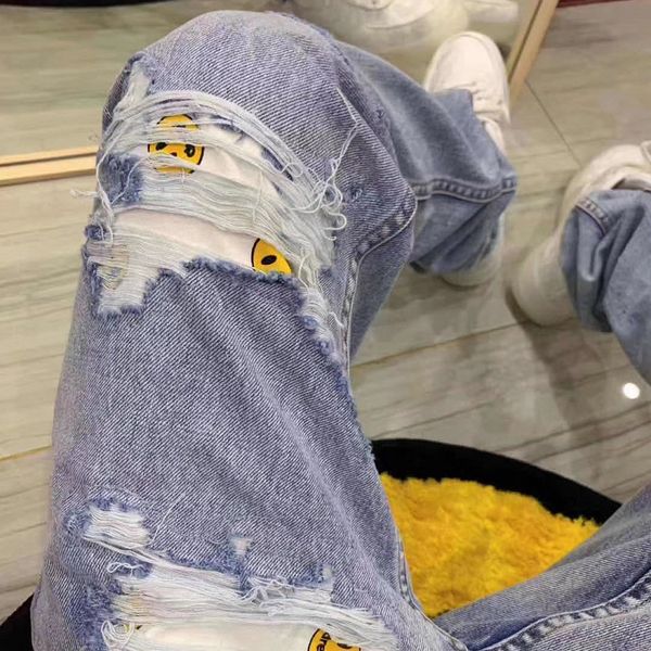 drew house smiley jeans designer high street straight loose ripped trousers washed hole jean trend fashion 2021 casual pants, Blue 
drew house smiley jeans designer high street straight loose ripped trousers washed hole jean trend fashion 2021 casual pants, Blue