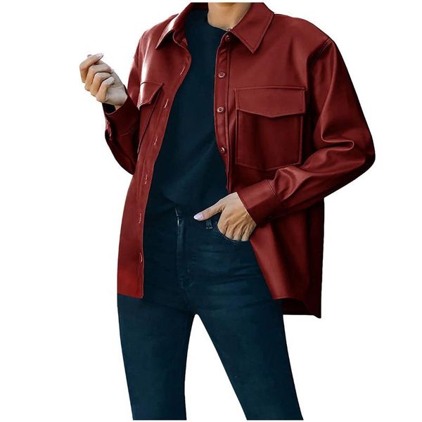 women's leather & faux breast pocket button casual short long sleeve suit coat artificial pu jacket, Black
women's leather & faux breast pocket button casual short long sleeve suit coat artificial pu jacket, Black