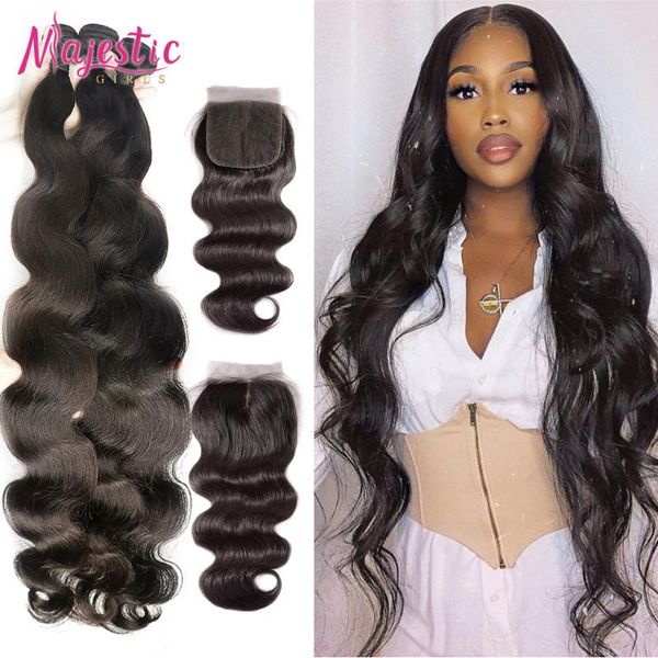human hair bulks bundles with closure body wave 30 inch majestic girl, Black