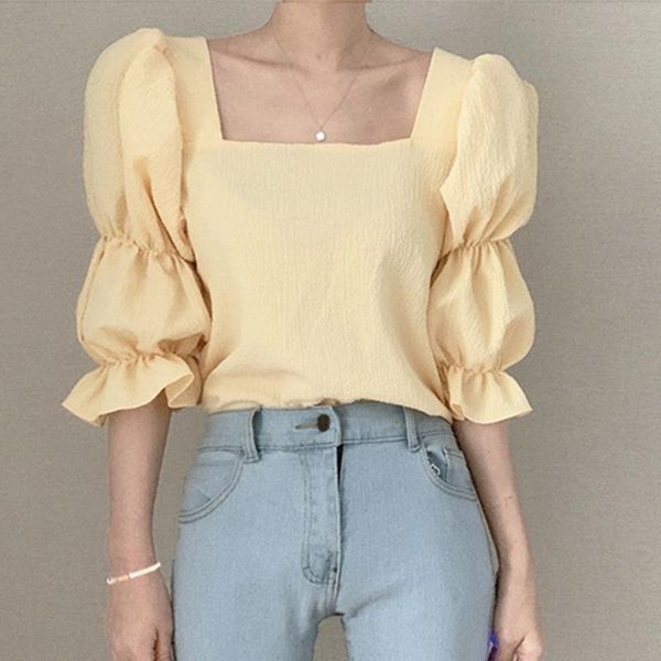 women's t-shirt y2k summer clothes fashion solid color square neck collar pleated foam sleeve chiffon women aesthetic #y7, White
women's t-shirt y2k summer clothes fashion solid color square neck collar pleated foam sleeve chiffon women aesthetic #y7, White