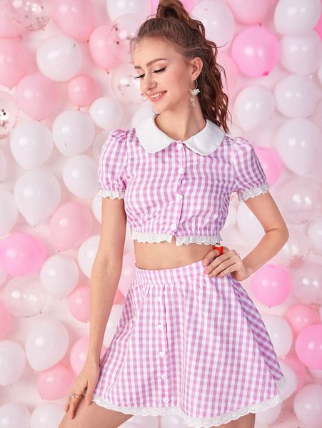 gingham contrast peter panel collar lace trim blouse and skirt a68r#, White
gingham contrast peter panel collar lace trim blouse and skirt a68r#, White