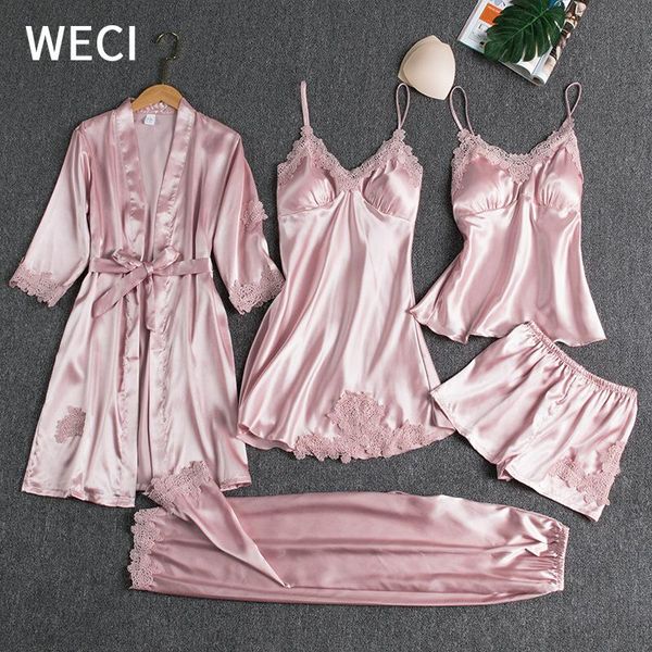 women's sleepwear weci 5pcs satin pajamas set silk slip ladies bathrobe nighty suit female cozy homewear bride wedding gift, Black;red
women's sleepwear weci 5pcs satin pajamas set silk slip ladies bathrobe nighty suit female cozy homewear bride wedding gift, Black;red