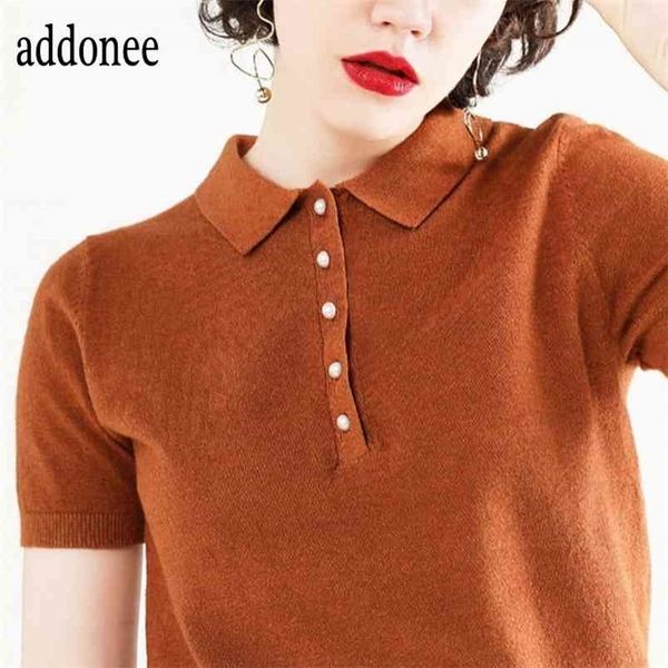 style spring summer women female polo collar short sleeve knitted sweater pullover pearl buttons soft cool flexible 210805, White;black
style spring summer women female polo collar short sleeve knitted sweater pullover pearl buttons soft cool flexible 210805, White;black