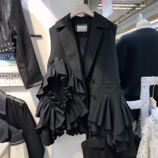 women's vests spring and autumn irregular stitching auricularia edge loose suit collar vest black show thin fashion, Black;white
women's vests spring and autumn irregular stitching auricularia edge loose suit collar vest black show thin fashion, Black;white