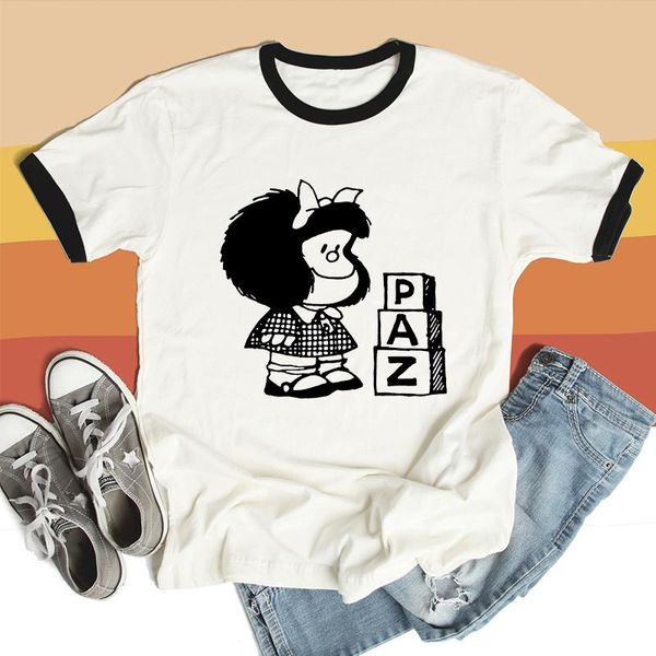 women's t-shirt mafalda graphic summer printed short-sleeved street fashion ladies o-neck tees female cartoon black collar, White
women's t-shirt mafalda graphic summer printed short-sleeved street fashion ladies o-neck tees female cartoon black collar, White