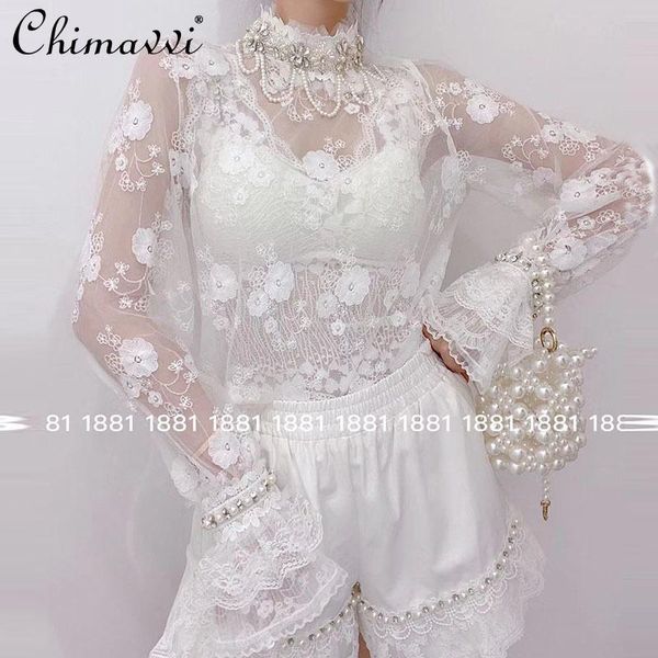 women's blouses & shirts 2021 fall female western lace beads shirt fashion sweet tassel ruffles stand collar solid bell sleeve, White
women's blouses & shirts 2021 fall female western lace beads shirt fashion sweet tassel ruffles stand collar solid bell sleeve, White
