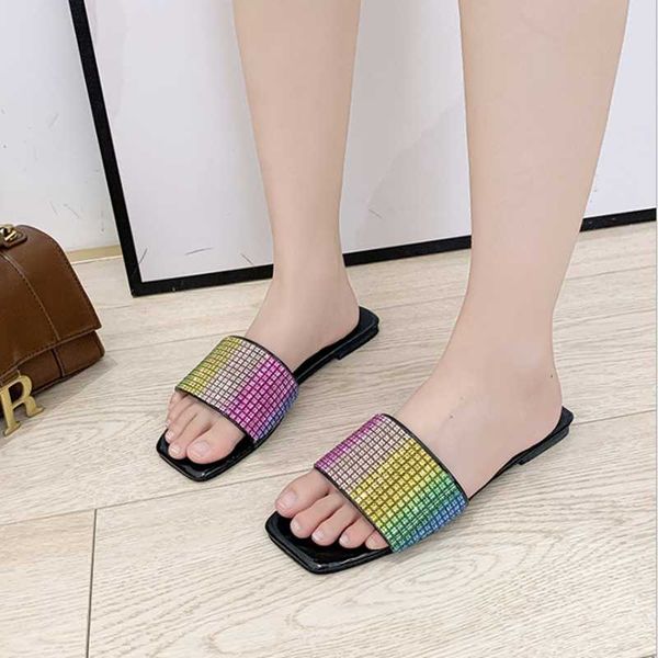 square toe rainbow color women's bling diamonds slippers flat flip flops outside slides shoes, Black
square toe rainbow color women's bling diamonds slippers flat flip flops outside slides shoes, Black