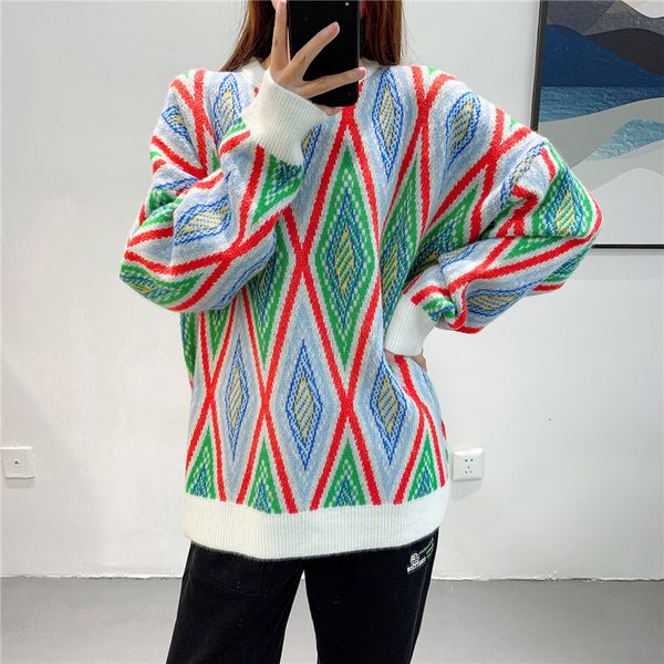 knits contrast colors argyle women oversized sweater fashion lazy oaf pullovers o-neck sueter mujer, White
knits contrast colors argyle women oversized sweater fashion lazy oaf pullovers o-neck sueter mujer, White