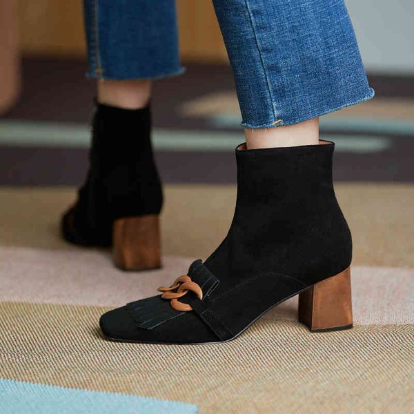 dress shoes spring autumn new women ankle boots kid suede woman square toe chain side zipper female office thick heels qlot, Black
dress shoes spring autumn new women ankle boots kid suede woman square toe chain side zipper female office thick heels qlot, Black