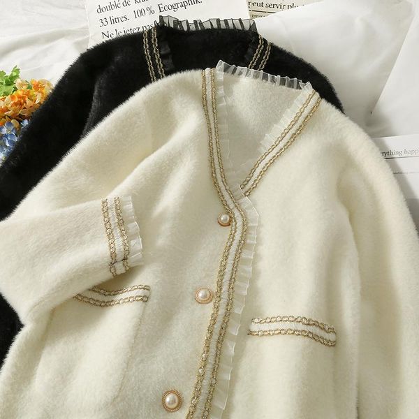 women's jackets 2021 autumn and winter mesh stitching wooden ear single-breasted cardigan sweater bright silk loose long sleeves coat, Black;brown
women's jackets 2021 autumn and winter mesh stitching wooden ear single-breasted cardigan sweater bright silk loose long sleeves coat, Black;brown