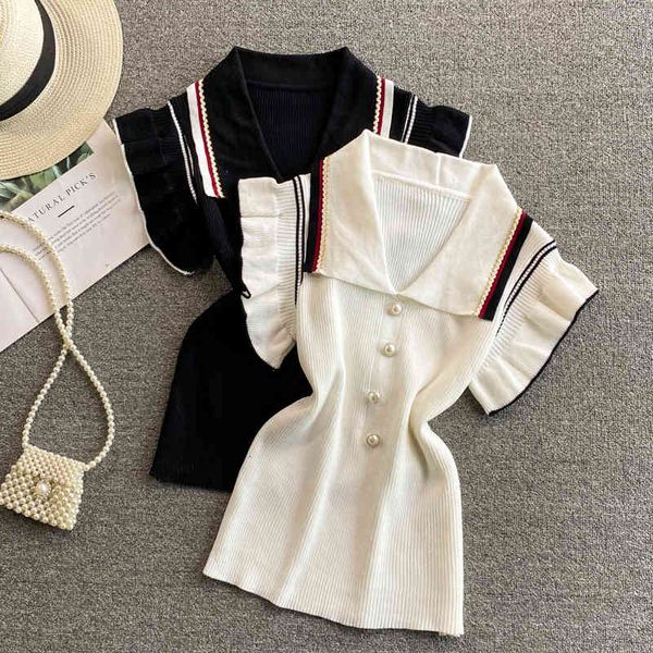 women's sweaters korean fashion women knitted t shirt striped turn down collar ruffles short sleeve pearl buttons summer wear, White;black
women's sweaters korean fashion women knitted t shirt striped turn down collar ruffles short sleeve pearl buttons summer wear, White;black