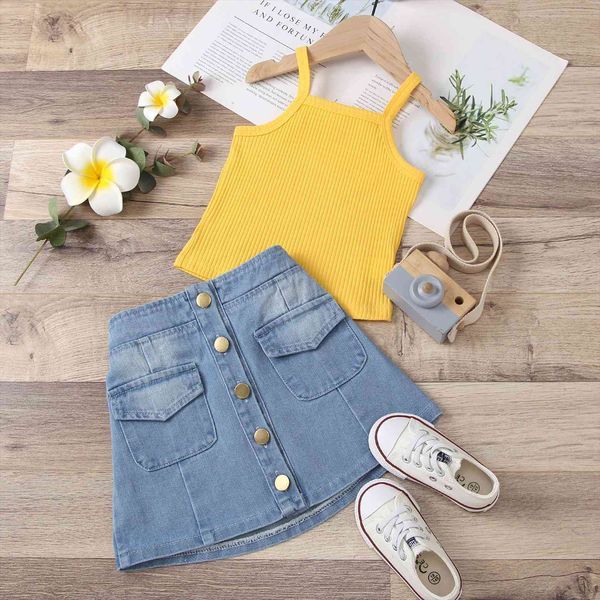 1 5y fashion summer kids girl clothes solid color knitted vest pockets button a line denim skirts 2pcs set, White
1 5y fashion summer kids girl clothes solid color knitted vest pockets button a line denim skirts 2pcs set, White