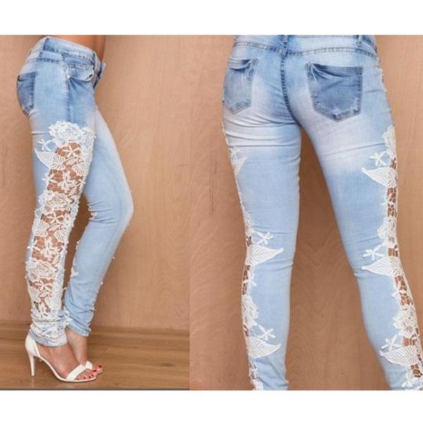 women stretch lace floral side spliced denim trousers hollow out slim pencil pants jeans femme pantalo women's & capris, Black;white 
women stretch lace floral side spliced denim trousers hollow out slim pencil pants jeans femme pantalo women's & capris, Black;white