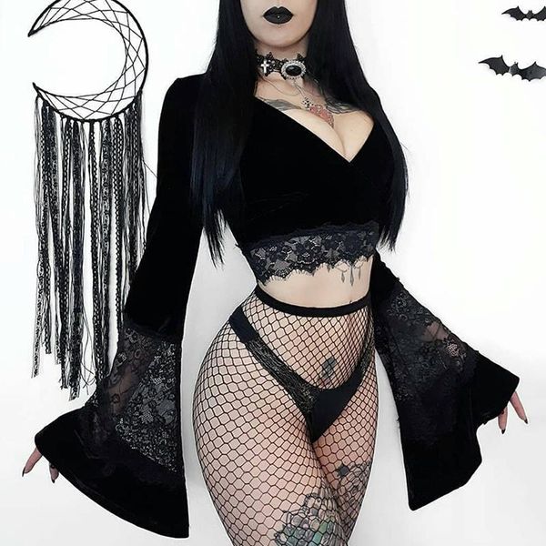 women's t-shirt women gothic crop flare long sleeve lace hollow out black retro bodycon female v-neck elegant, White
women's t-shirt women gothic crop flare long sleeve lace hollow out black retro bodycon female v-neck elegant, White