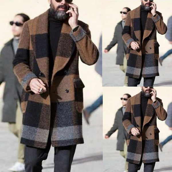 men wool blends coats overcoat male winter warm clothes wool outwear long black white plaid blends male coat plus size