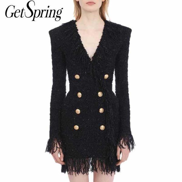 getspring women dress temperament tweed v neck double breasted black es tassel slim thin vintage es spring 210601, Black;gray
getspring women dress temperament tweed v neck double breasted black es tassel slim thin vintage es spring 210601, Black;gray