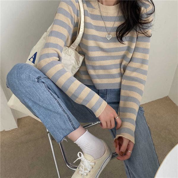 hoodies women's retro long sleeve knitted jacket, striped niche design, spring, Black
