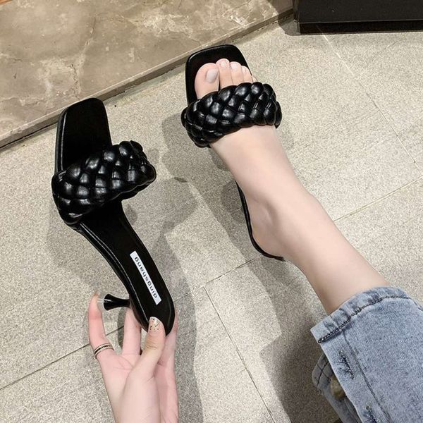 high heeled slippers women's summer fashion wear thin heel flip flop square knitting sandal, Black
high heeled slippers women's summer fashion wear thin heel flip flop square knitting sandal, Black