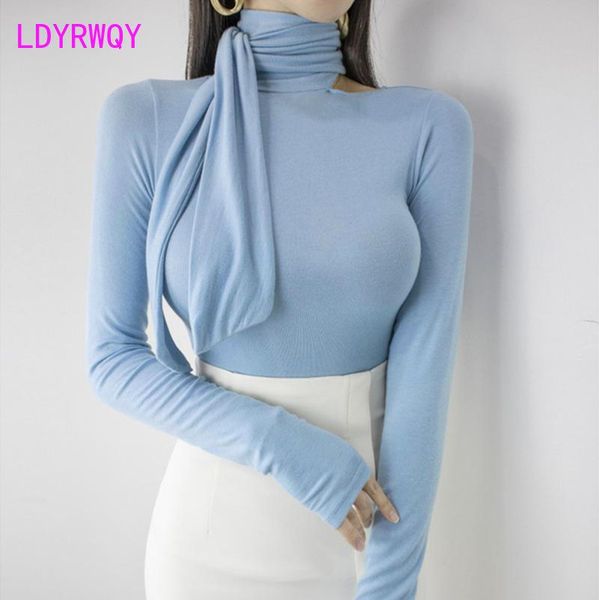 women's t-shirt spring and autumn korean slim body stand collar tie bottom long sleeve top, White
women's t-shirt spring and autumn korean slim body stand collar tie bottom long sleeve top, White