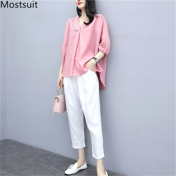 summer cotton linen 2 piece pants suits sets women pink v-neck + white elastic waist casual fashion 2 pcs 210513
summer cotton linen 2 piece pants suits sets women pink v-neck + white elastic waist casual fashion 2 pcs 210513