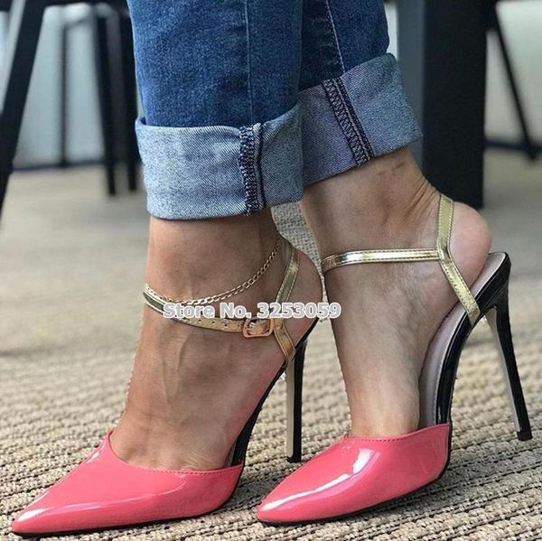 year spring pink patent leather pointed toe pumps stiletto heels color patchwork gold strap slingback dress shoes, Black
year spring pink patent leather pointed toe pumps stiletto heels color patchwork gold strap slingback dress shoes, Black
