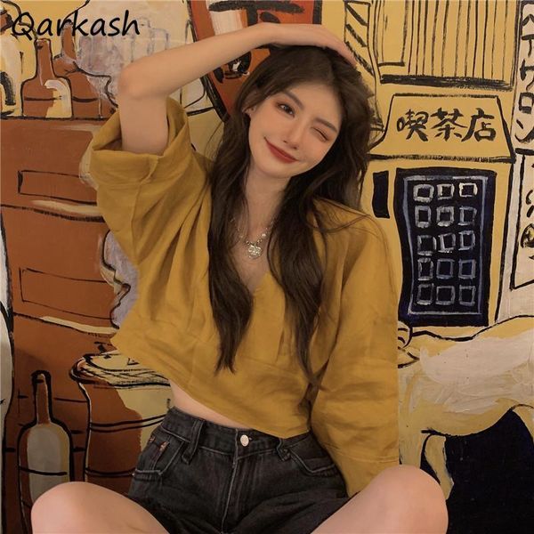 women's blouses & shirts women v-neck loose solid korean style crop college all-match simple fashion casual summer ladies clothing ins, White