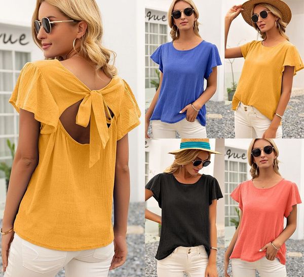 2021 summer new women's wear lotus sleeve hollowed out butterfly dew back top, White
2021 summer new women's wear lotus sleeve hollowed out butterfly dew back top, White