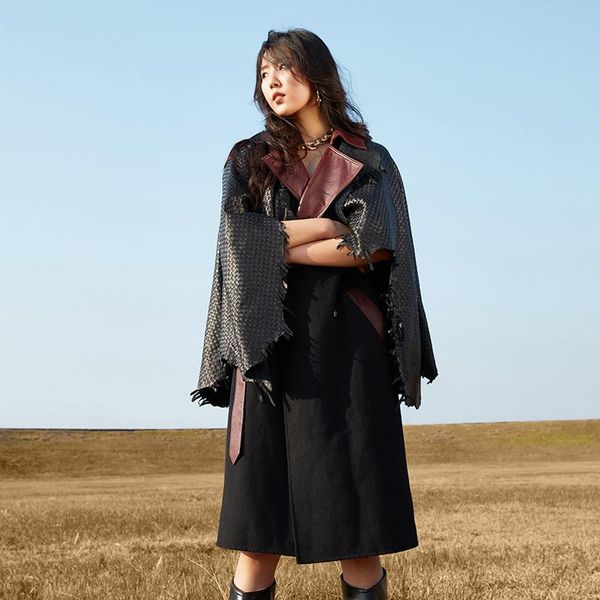 women's trench coats 2021 autumn cashmere coat dolman sleeve handsome charming art cutting weave leather clothing, Tan;black
women's trench coats 2021 autumn cashmere coat dolman sleeve handsome charming art cutting weave leather clothing, Tan;black