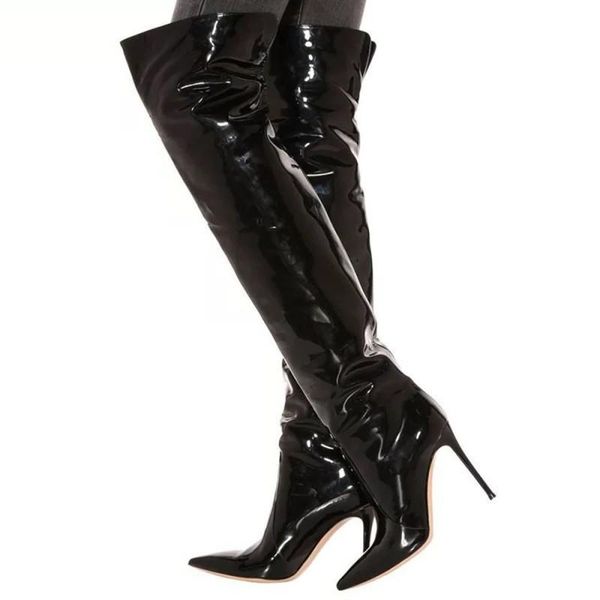 boots shiny matte patent leather women crotch thigh high long pointed toe thin heel shoes, Black
boots shiny matte patent leather women crotch thigh high long pointed toe thin heel shoes, Black