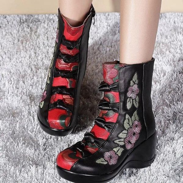 boots autumn and winter ethnic style leather single embroidered women's wedges shoes mid-tube, Black
boots autumn and winter ethnic style leather single embroidered women's wedges shoes mid-tube, Black
