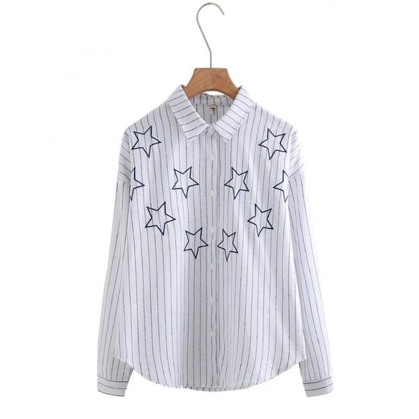 women's long sleeve blouse with stars embroidered lady's stripe blouses casual shirts for women &, White
women's long sleeve blouse with stars embroidered lady's stripe blouses casual shirts for women &, White