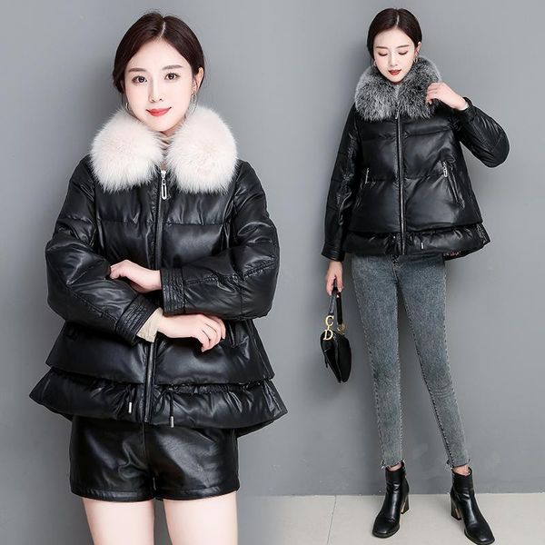 women's leather & faux 2021 women winter duck down jacket real fur collar coat womens jackets parka, Black
women's leather & faux 2021 women winter duck down jacket real fur collar coat womens jackets parka, Black