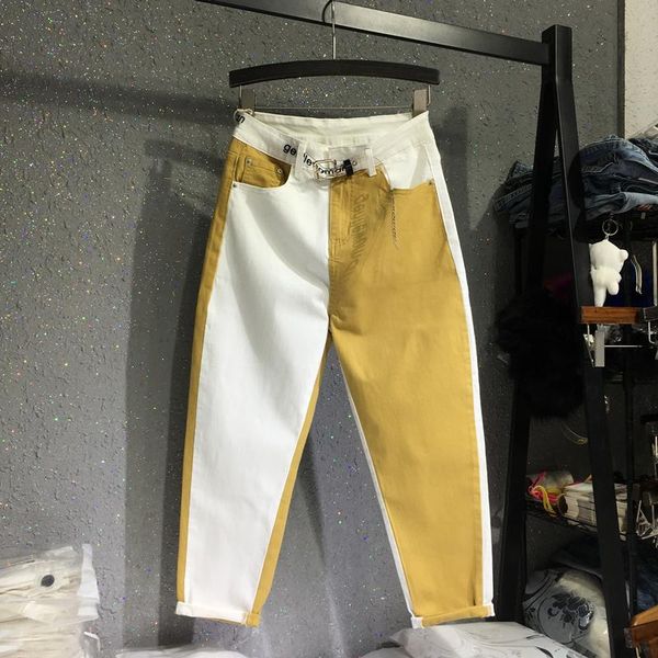 women's jeans korea-style summer ankle-length jean 2021 patchwork white/yellow color contrast casual women loose harem denim pants, Blue
women's jeans korea-style summer ankle-length jean 2021 patchwork white/yellow color contrast casual women loose harem denim pants, Blue